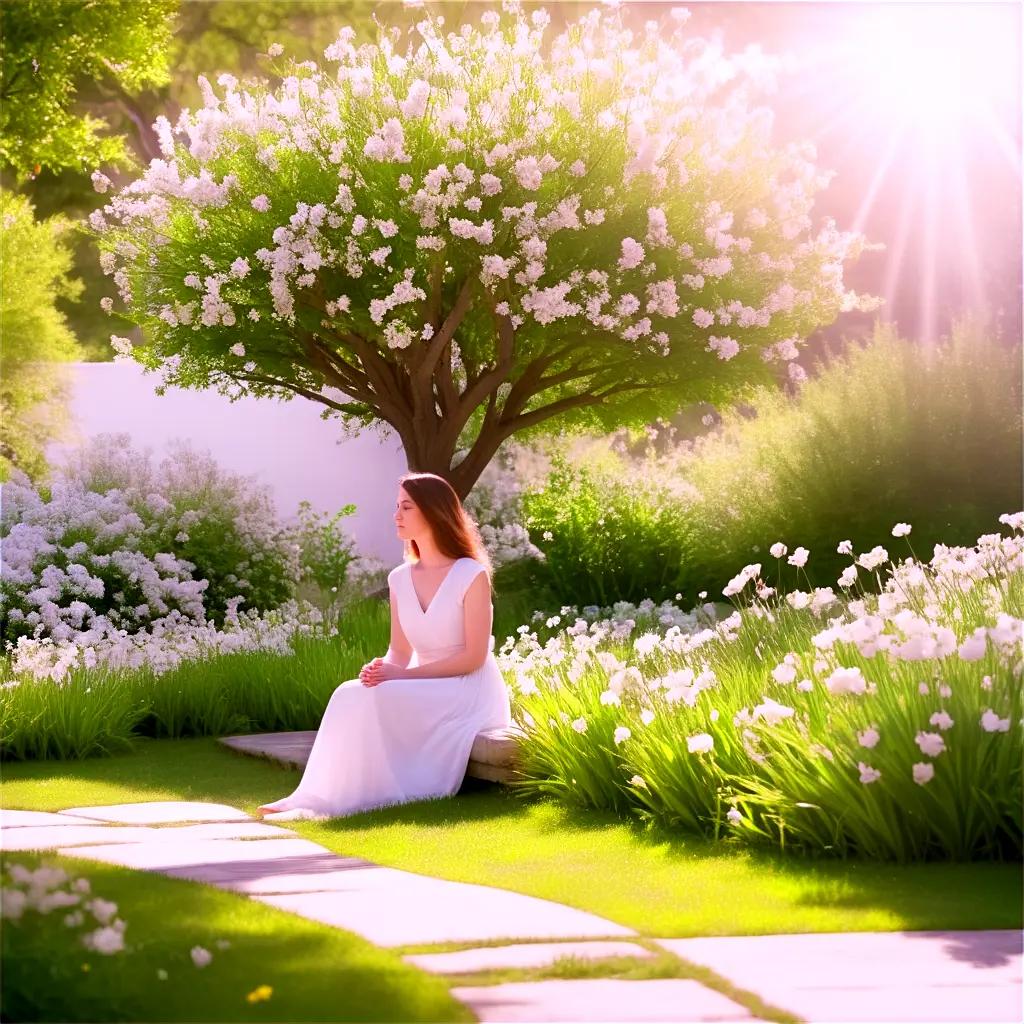 woman in white waits patiently under a tree