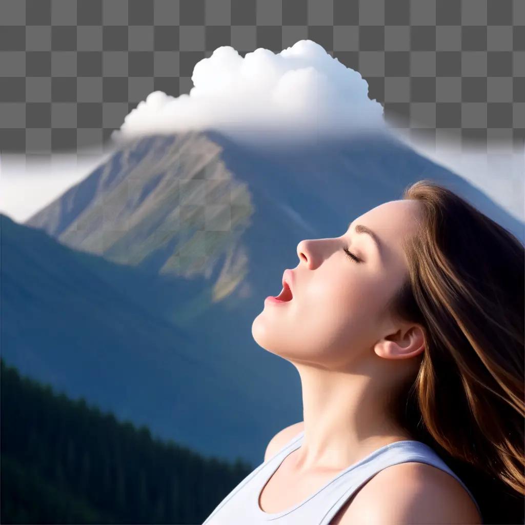 woman inhales deeply while looking at a mountain