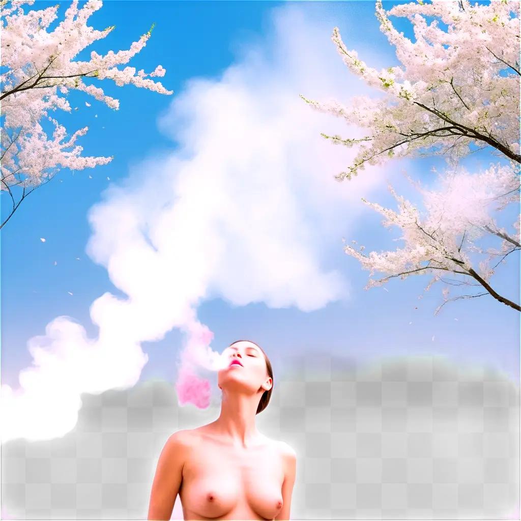 woman inhales through a cloud of pink smoke