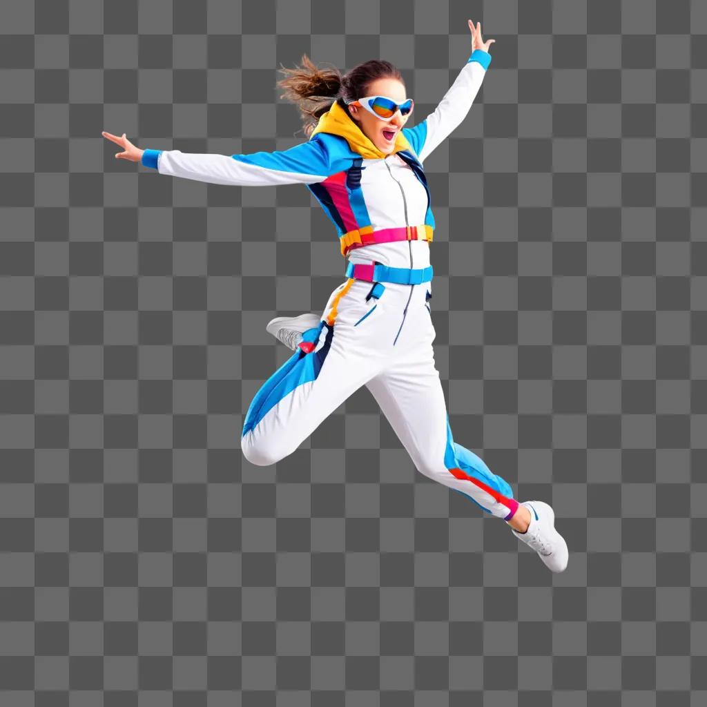 woman jumps while wearing a colorful jumpsuit