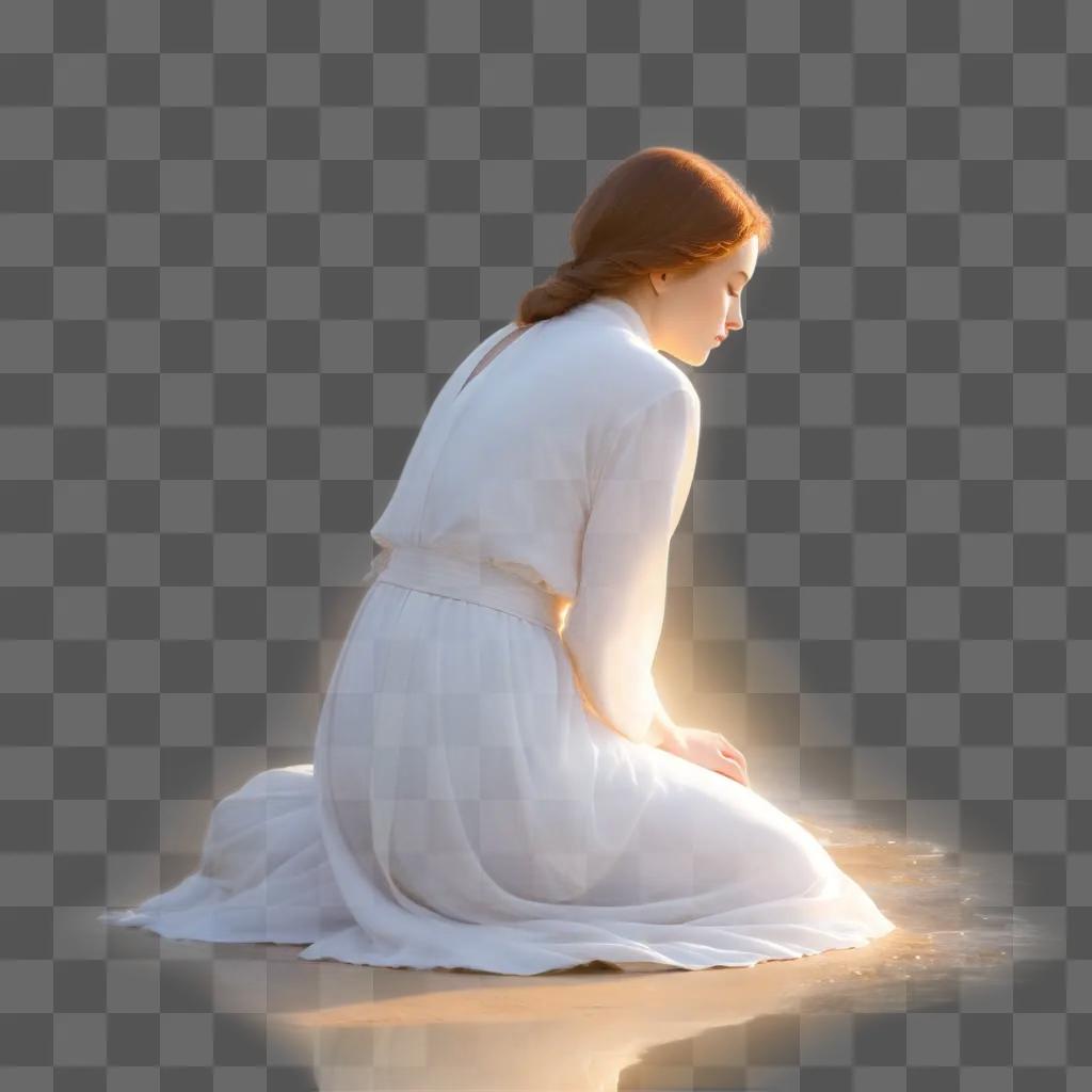 woman kneels in the sand, patiently waiting