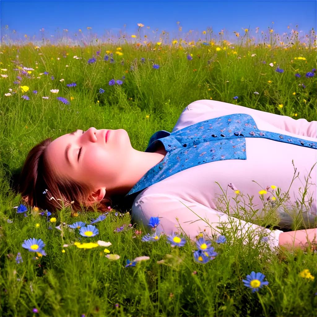 woman lies in a field of flowers