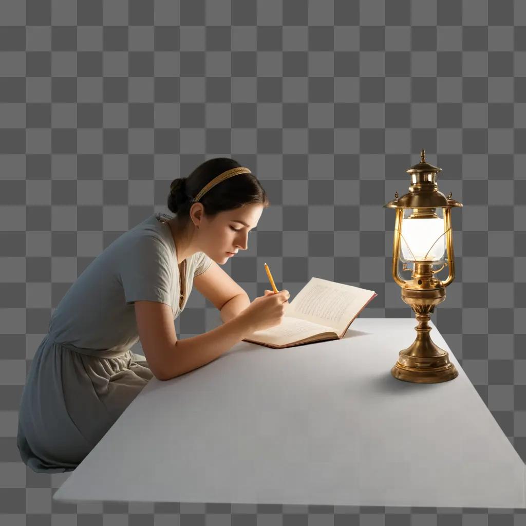 woman listens to a glowing lamp as she reads