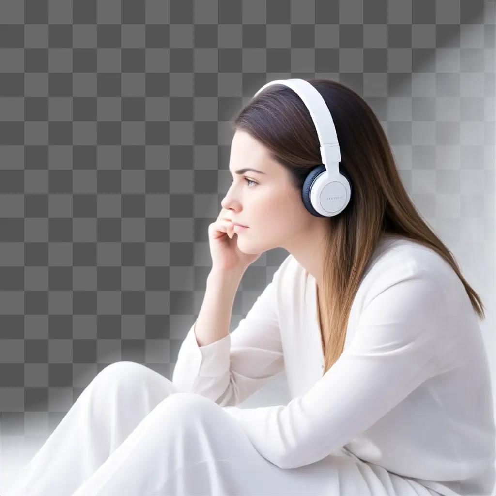 woman listens to headphones while sitting