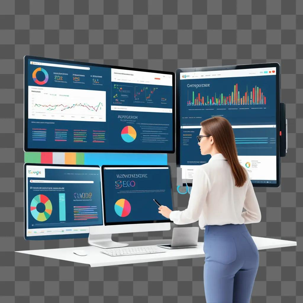 woman looking at a large monitor with the word SEO on it