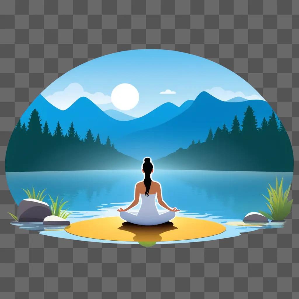 woman meditates by a lake with mountains in the background