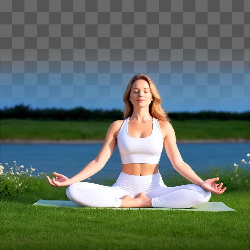 woman meditates in a field near a body of water