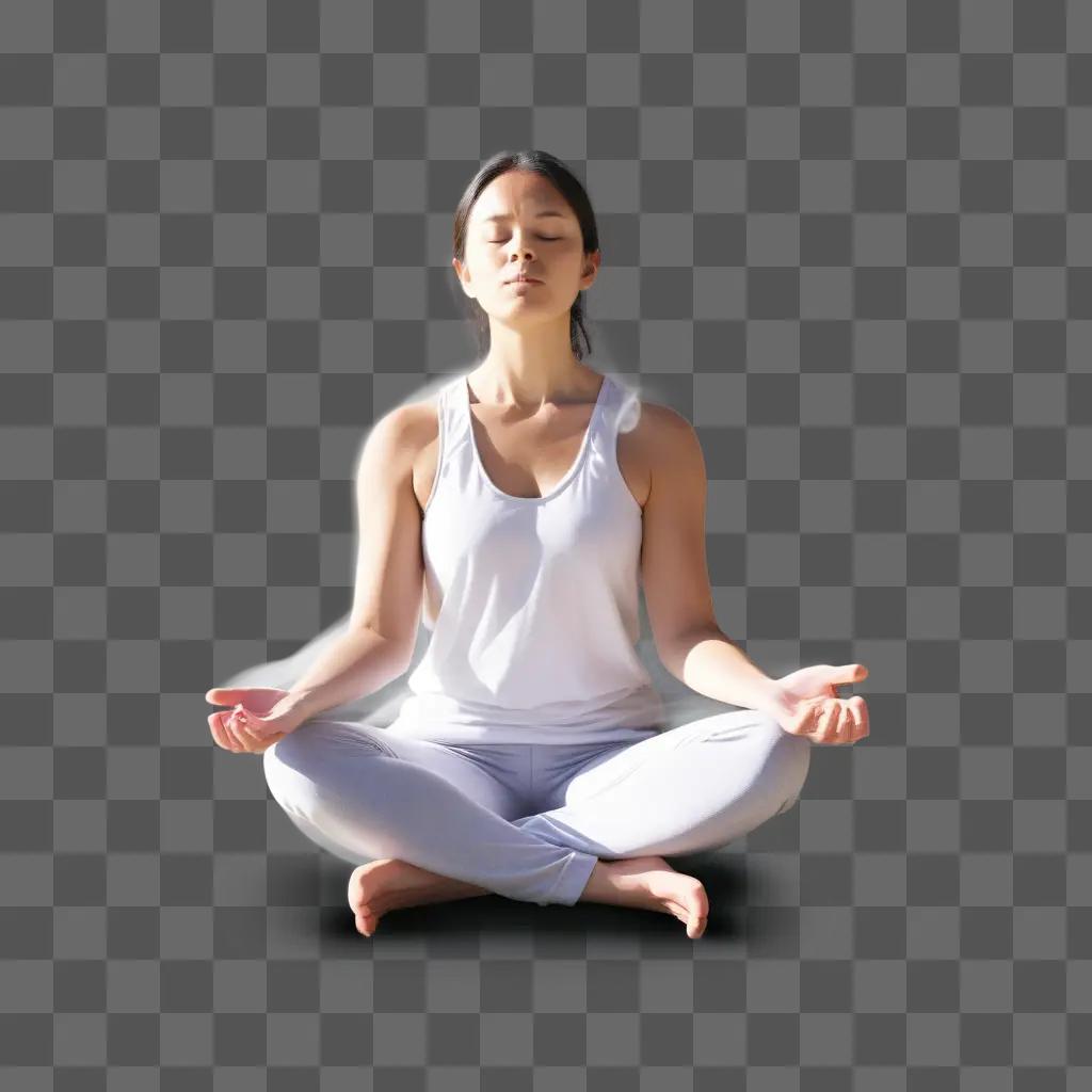 woman meditates in a lotus pose with her eyes closed and her hands in the air