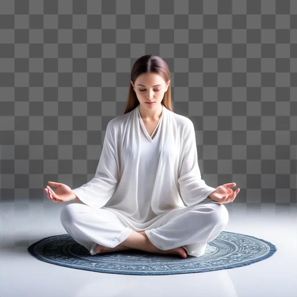 woman meditates in a white robe with her hands in the lotus position