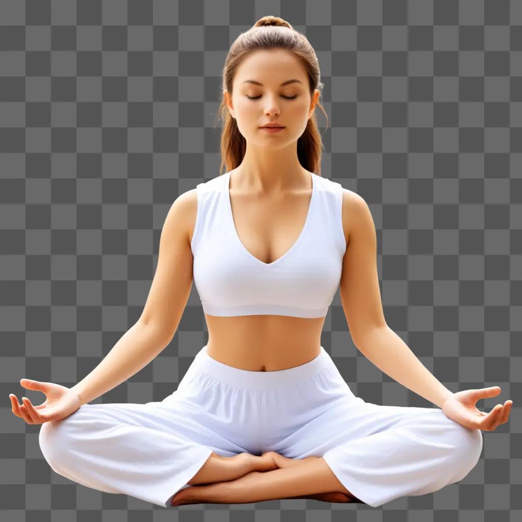 woman meditates in a yoga pose on a beige background