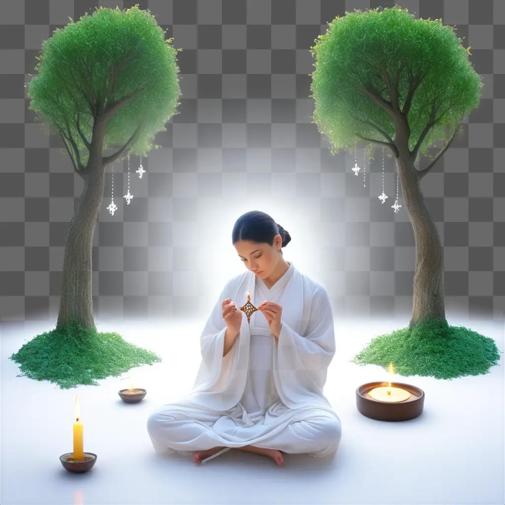 woman meditates in front of trees