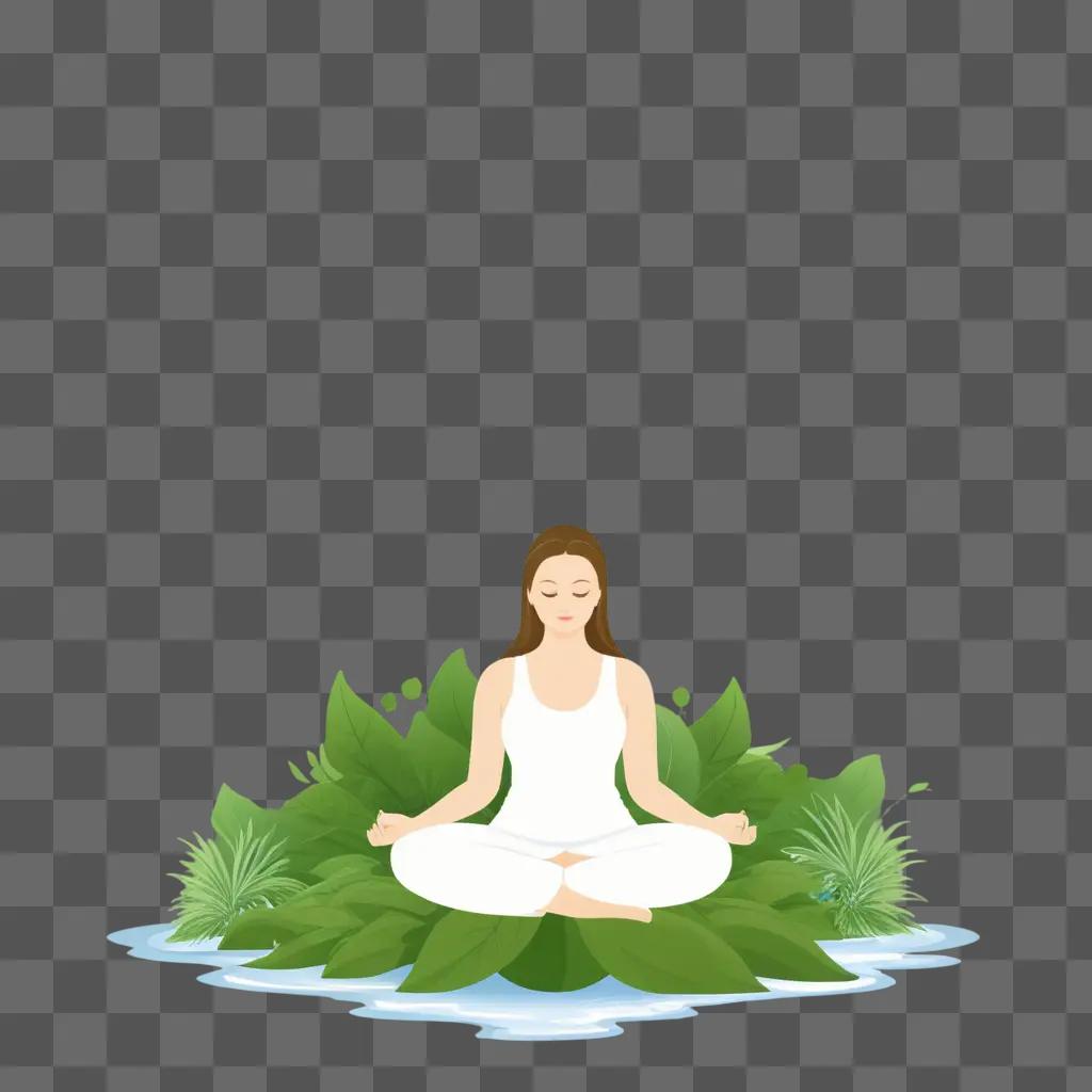 woman meditates on leaves in the water