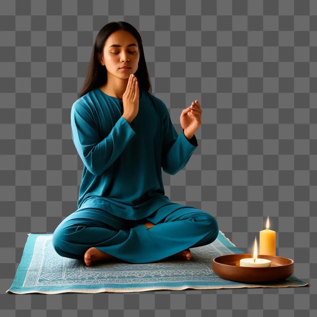 woman meditates with a candle and bowl in front of her