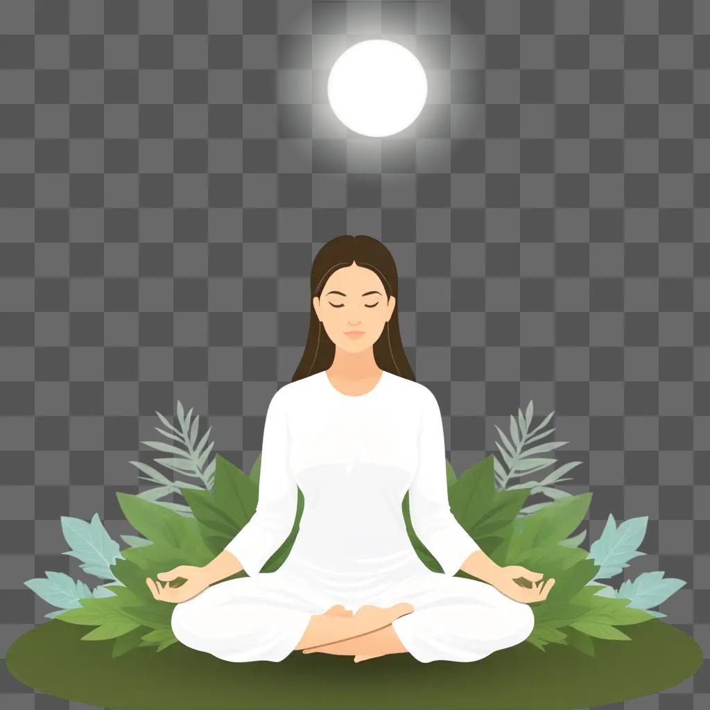 woman meditates with green leaves