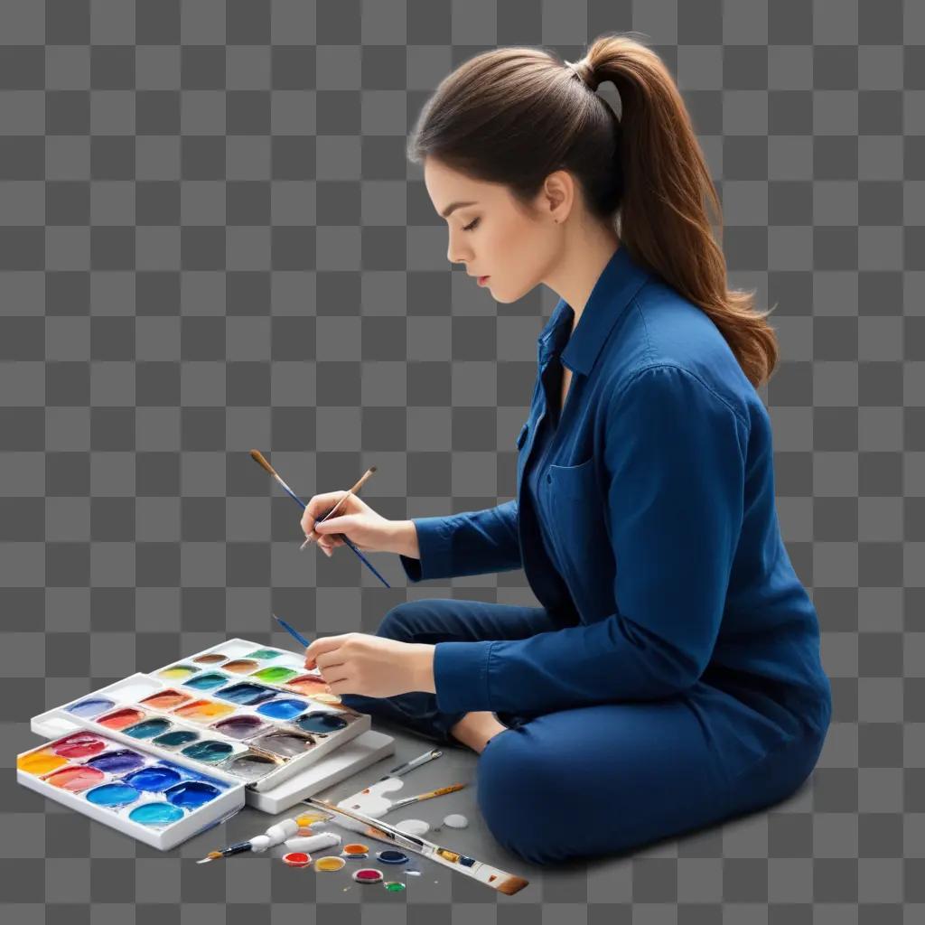 woman paints a picture on a gray background