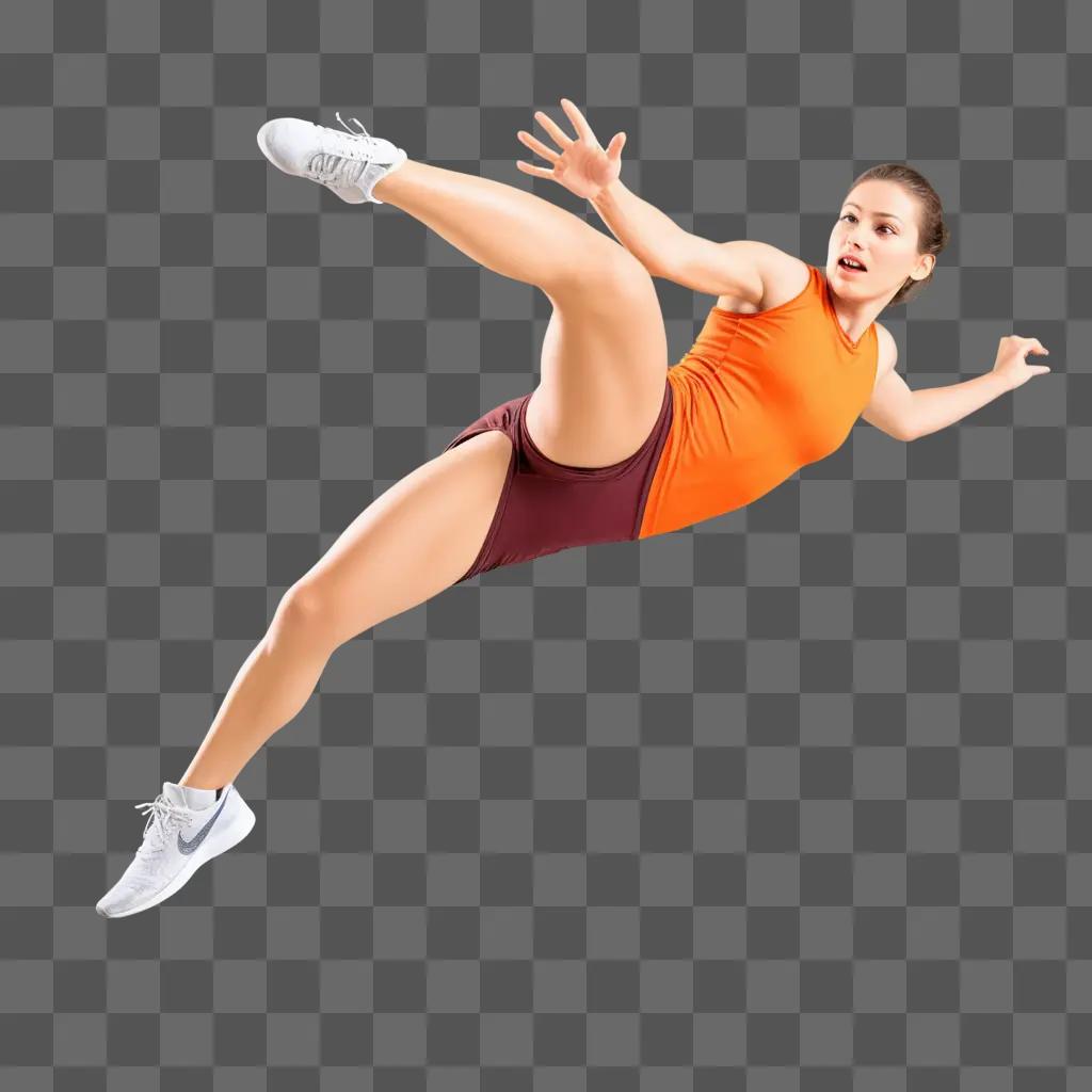 woman performs an athletic move on a beige background