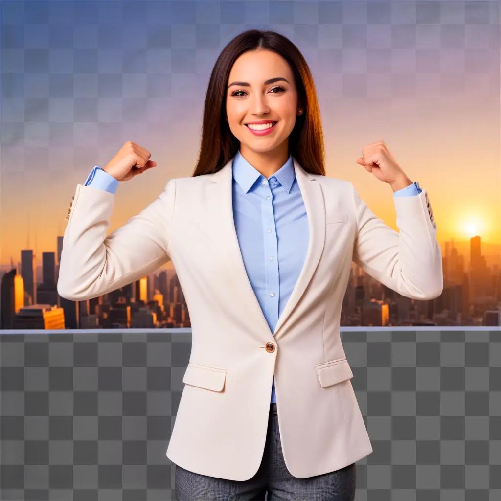 woman poses for a photo while flexing her arms