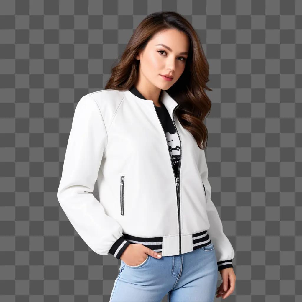 woman poses in a white leather jacket