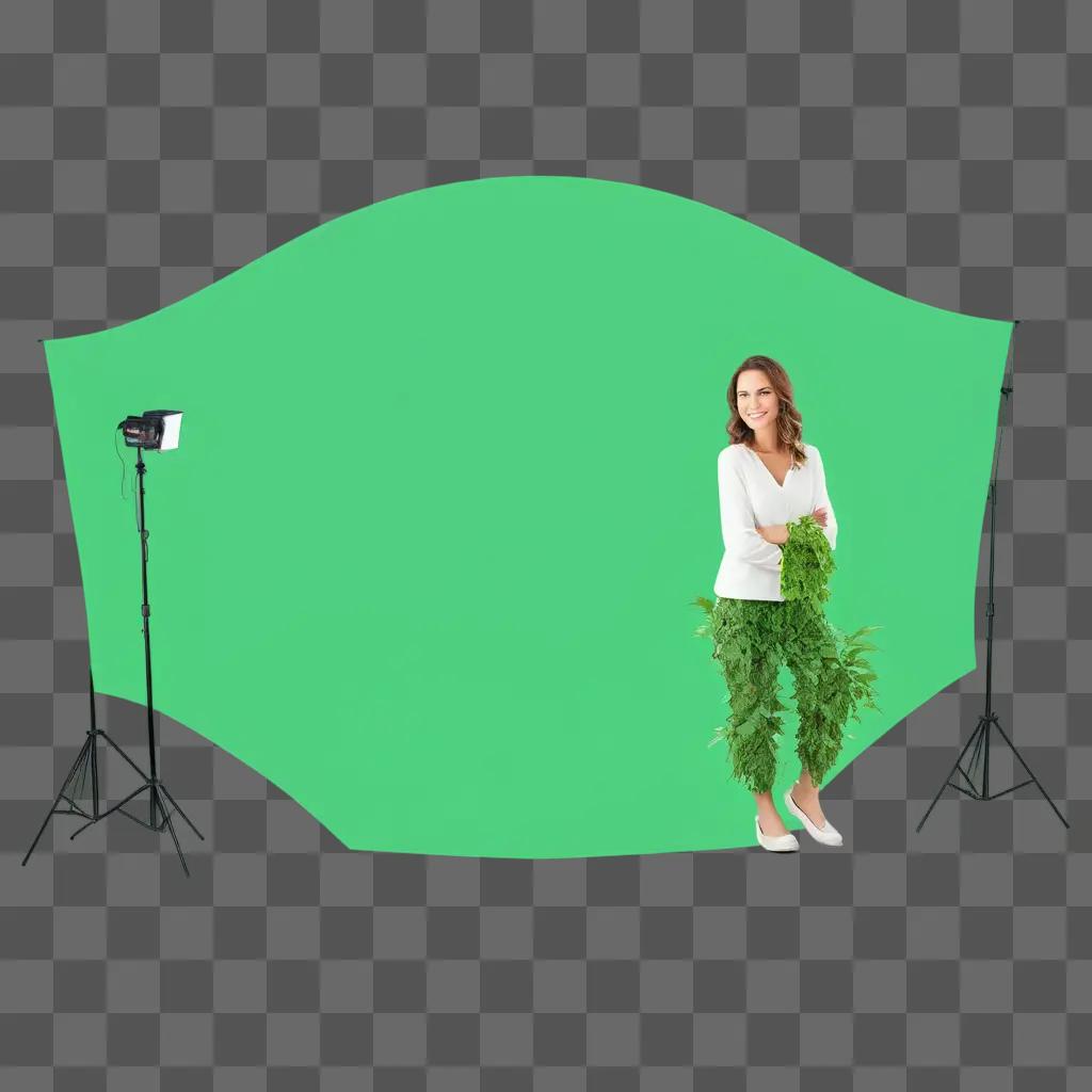 woman poses in front of a green screen