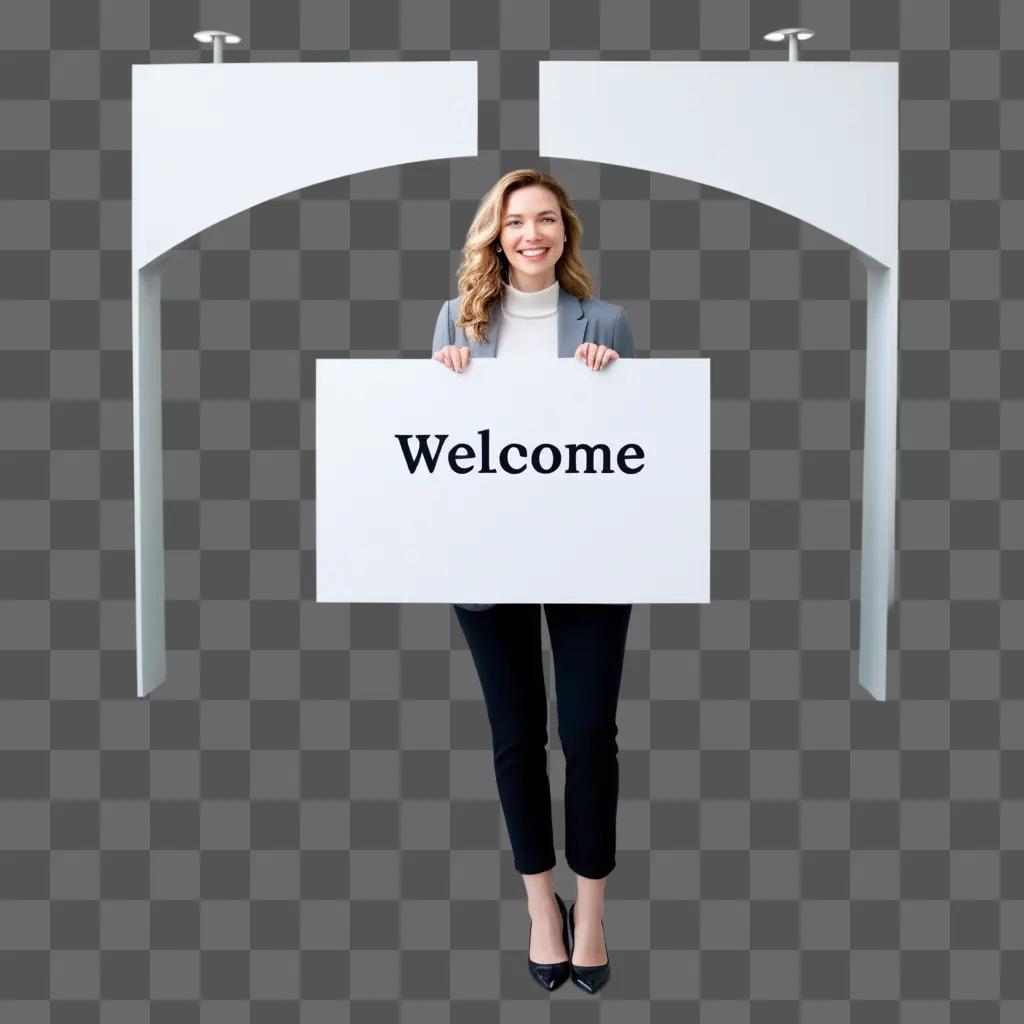 woman poses with a sign that says Welcome