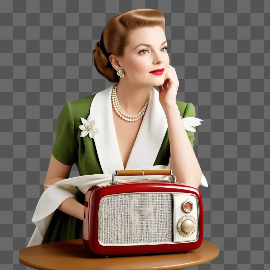 woman posing with a red radio