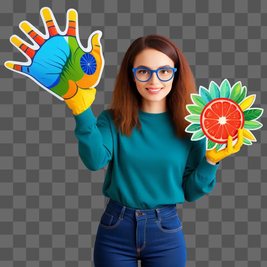 woman presents a colorful fruit and flower clipart