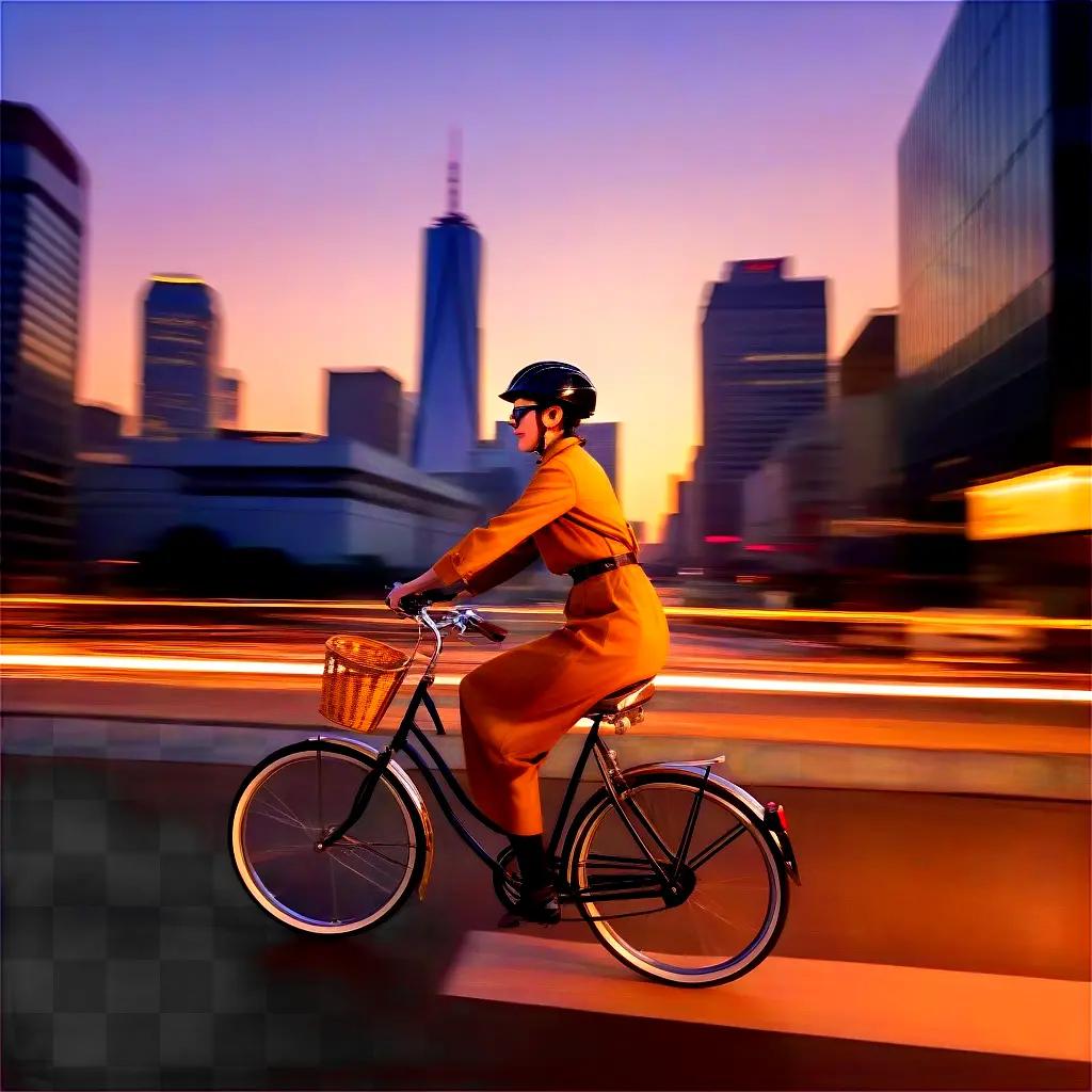 woman rides a bike through the city at dusk