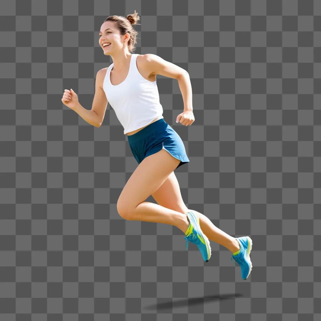 woman running in a blue skirt and green shoes