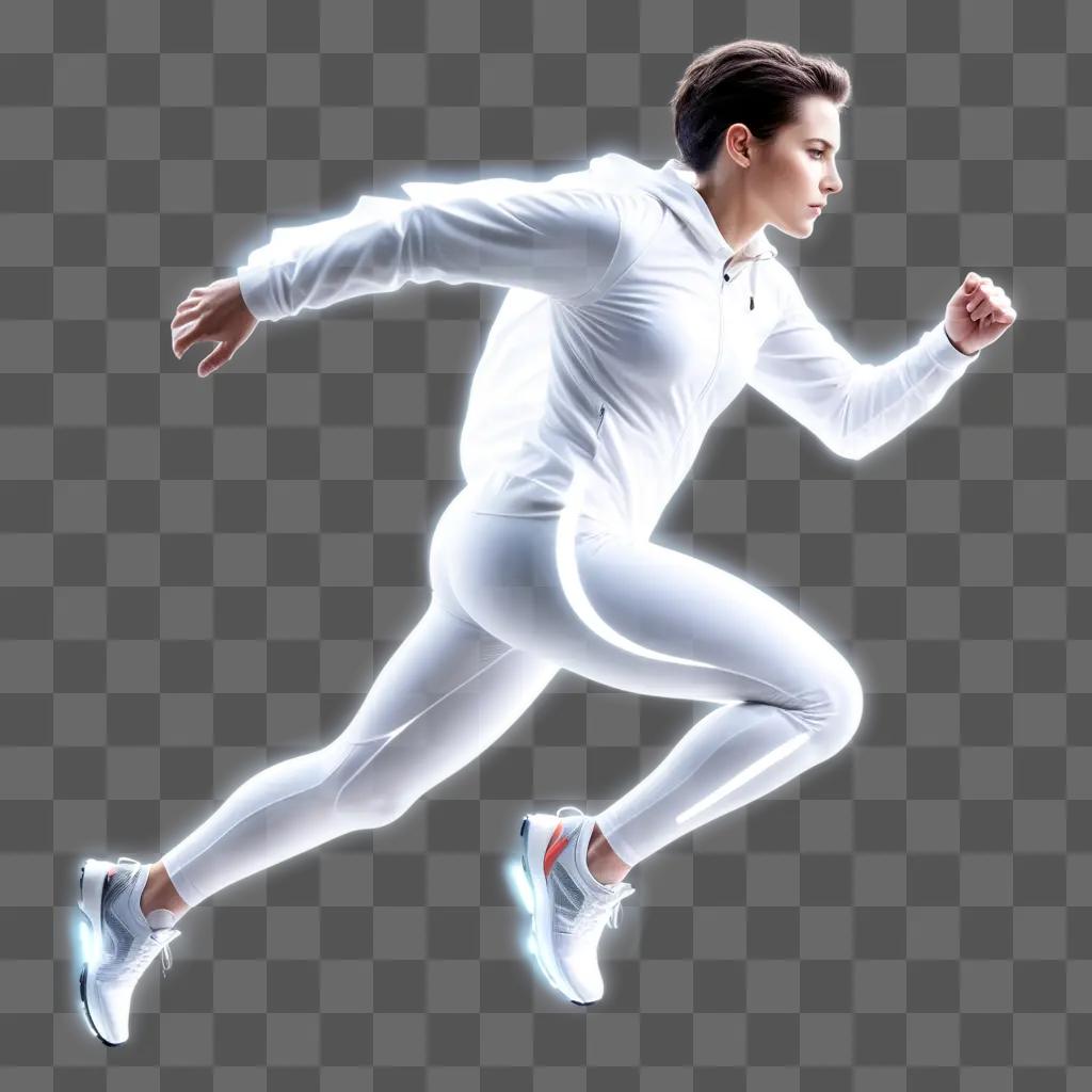 woman running in a white outfit with a transparent effect