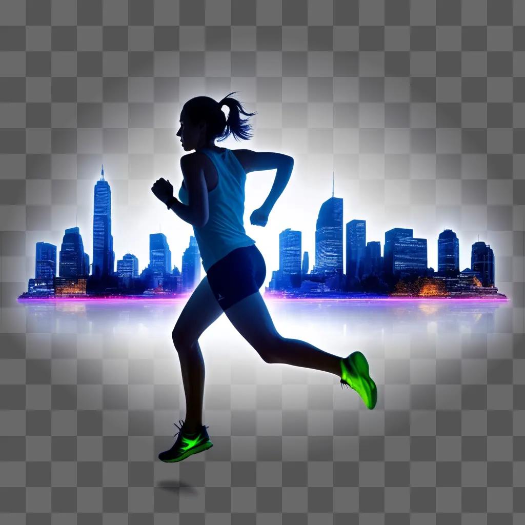 woman runs in a city skyline