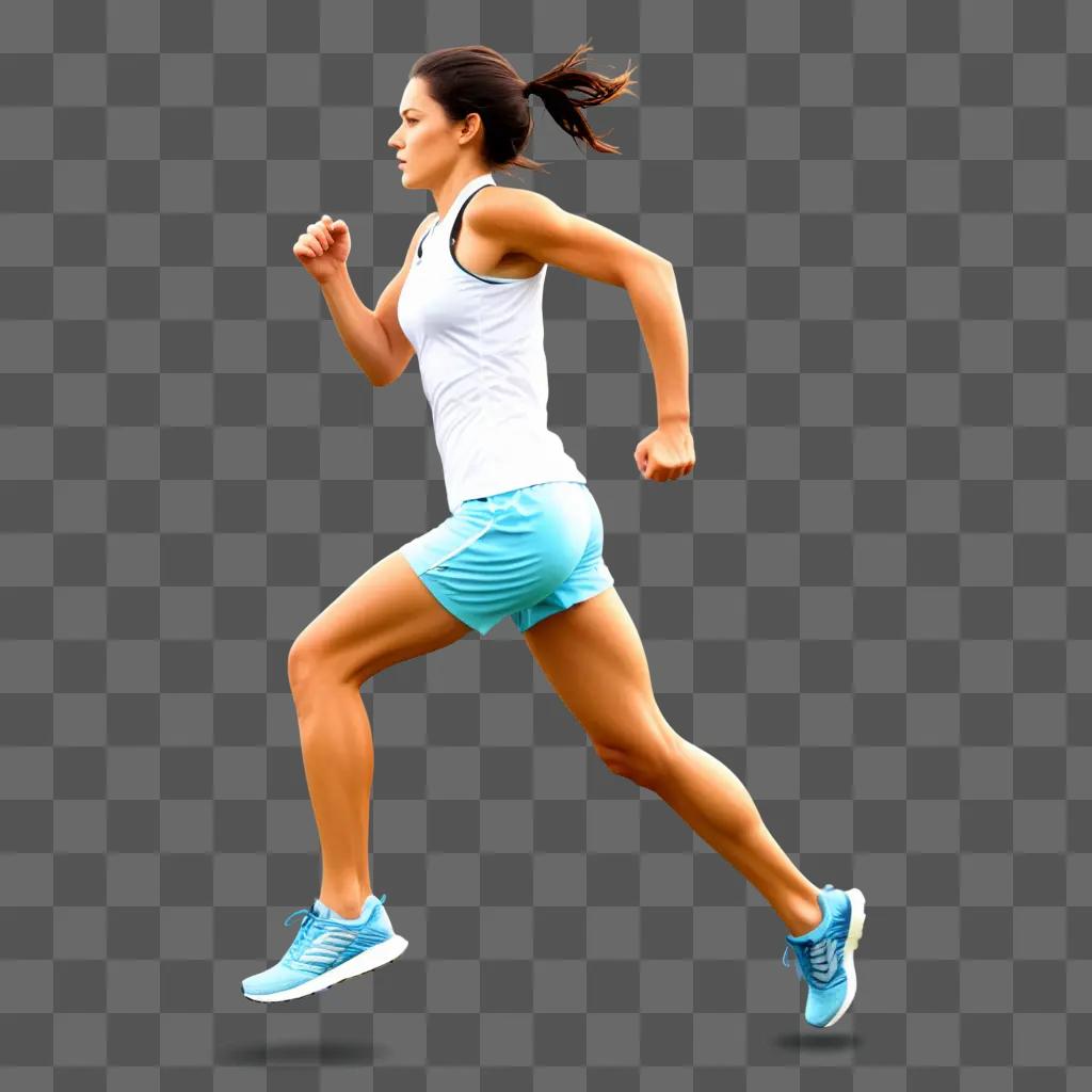 woman runs in a white tank top and blue shorts