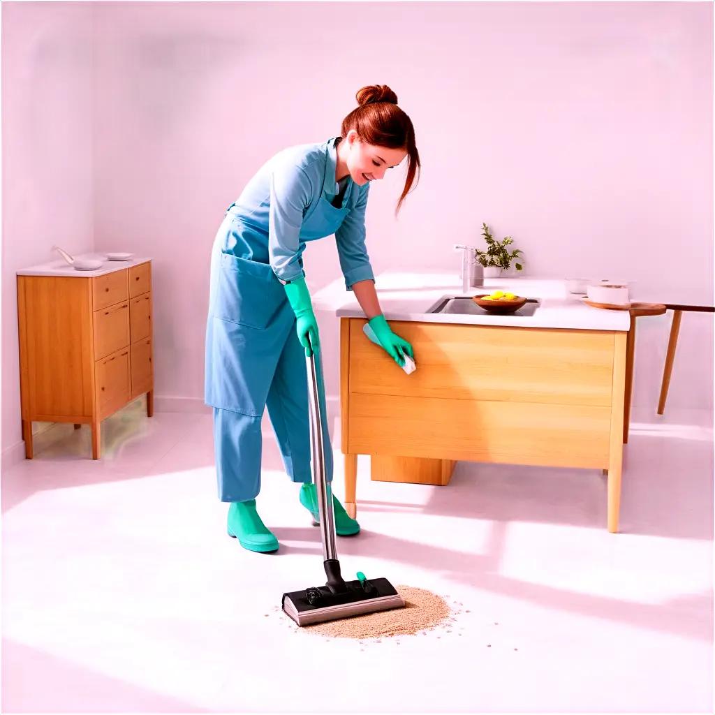 woman scrubbing a floor with a broom