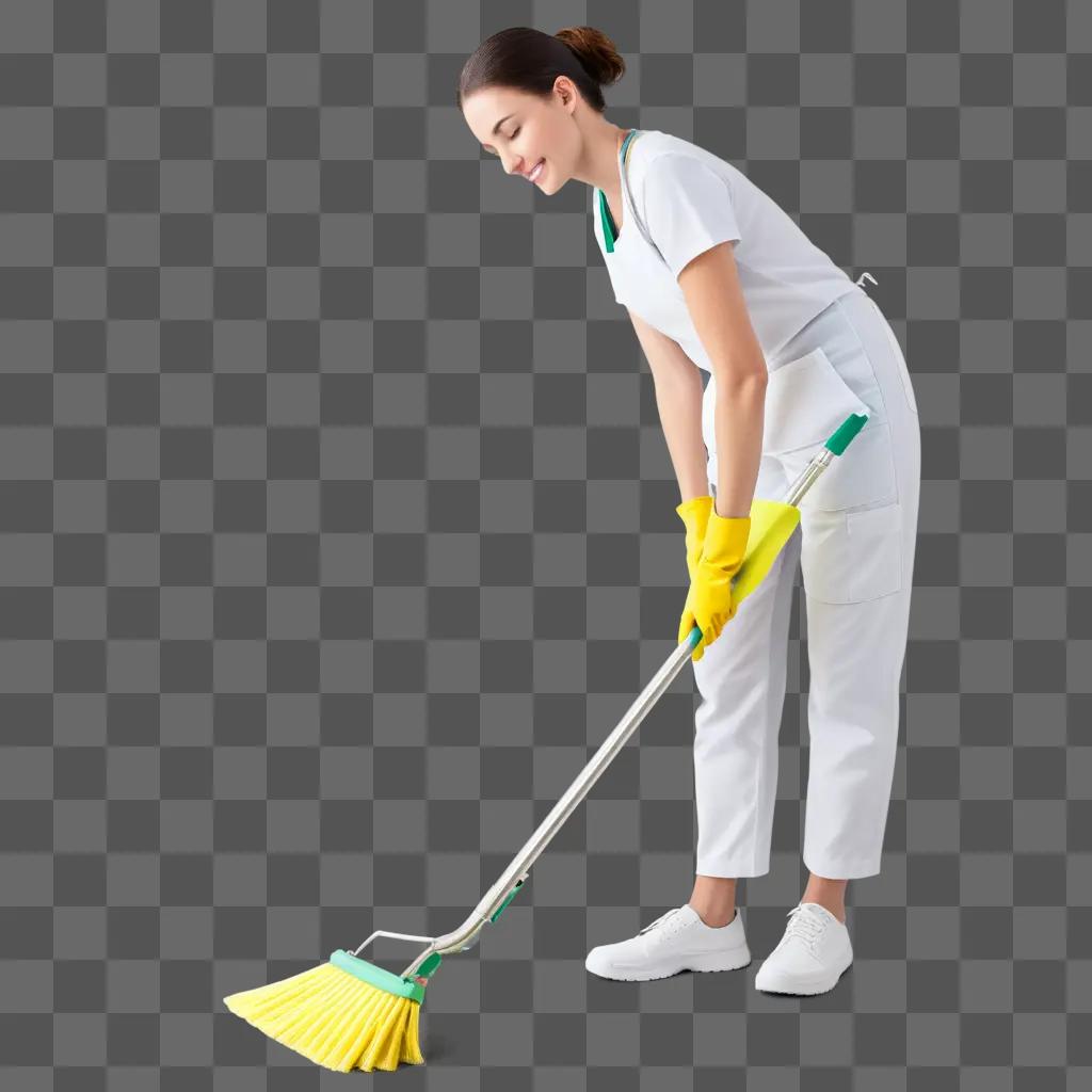 woman scrubbing the floor with a broom