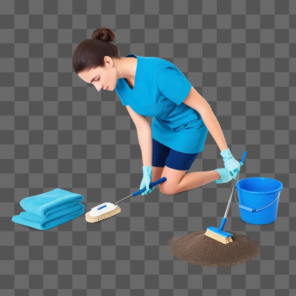 woman scrubs the floor with a broom and dustpan