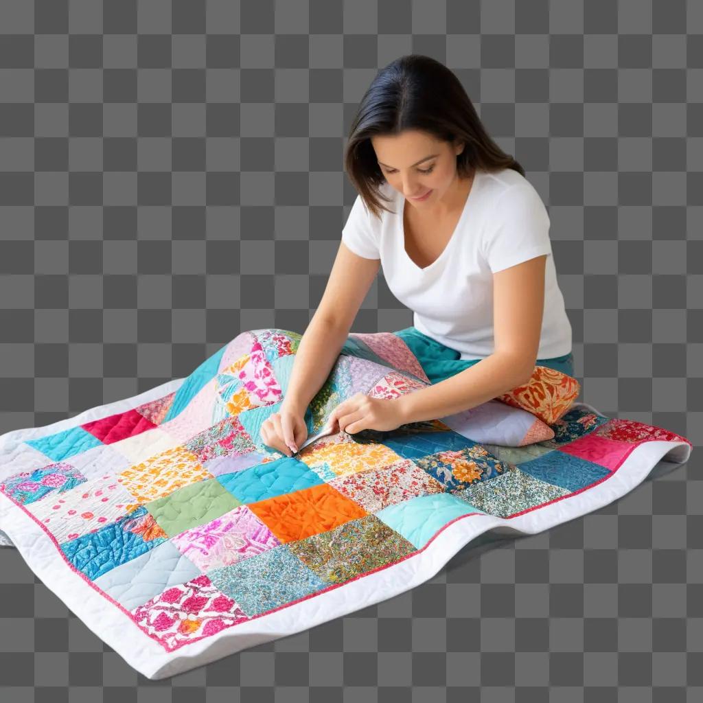 woman sewing a quilt on a bed