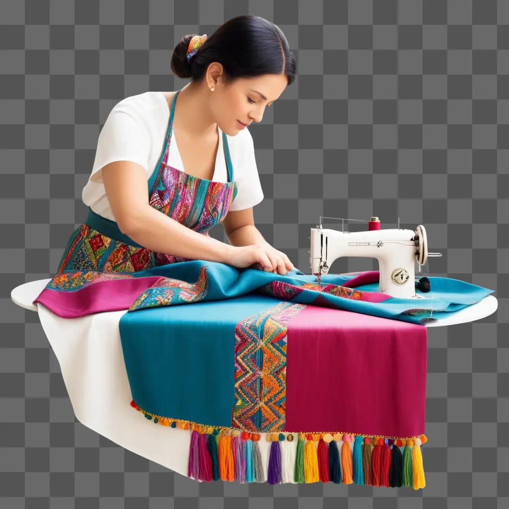 woman sews a multicolored cloth on a sewing machine