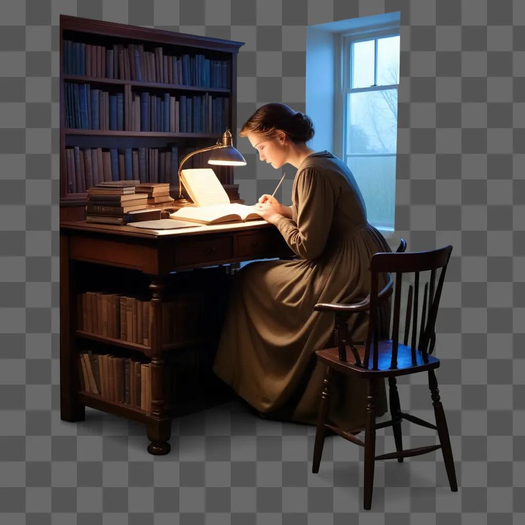 woman sits at a desk, engrossed in a book