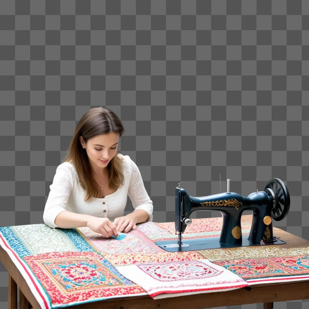 woman sits at a table with a sewing machine