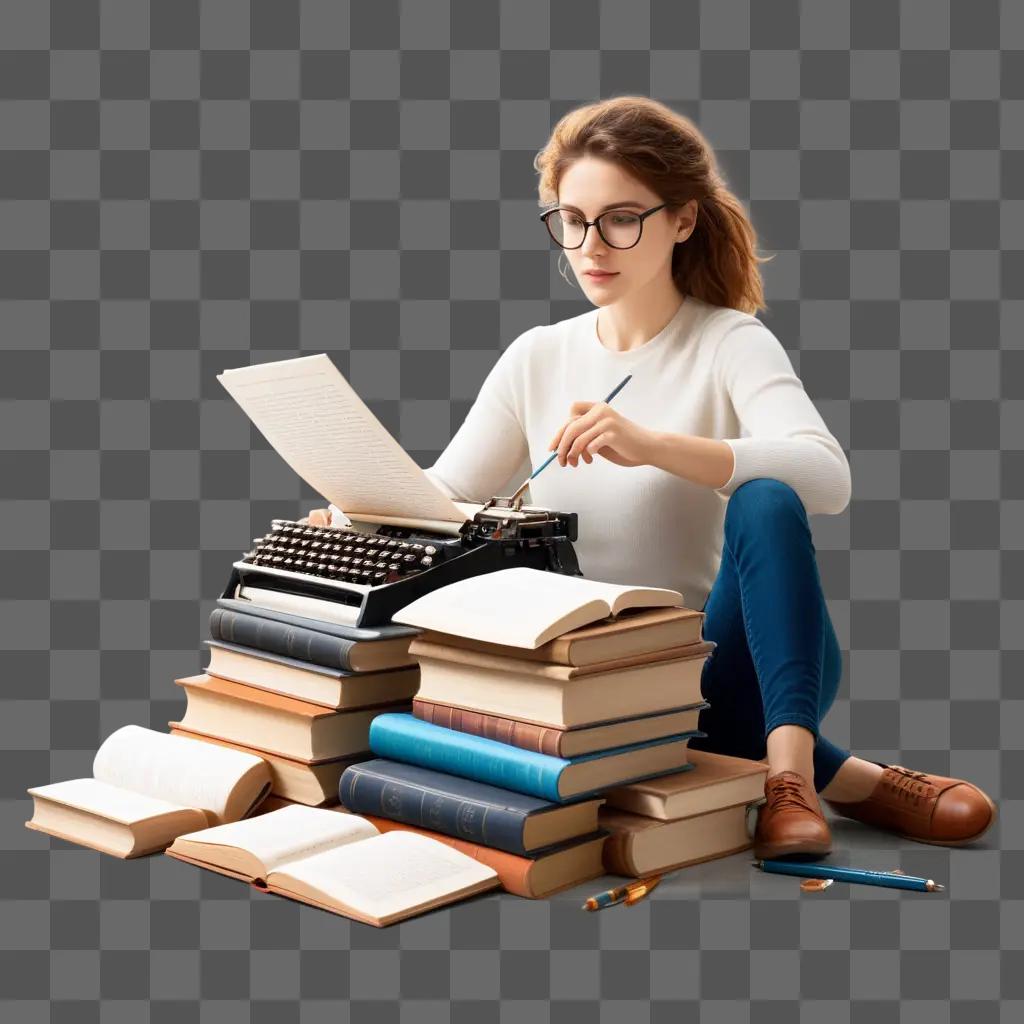 woman sits at a typewriter surrounded by books