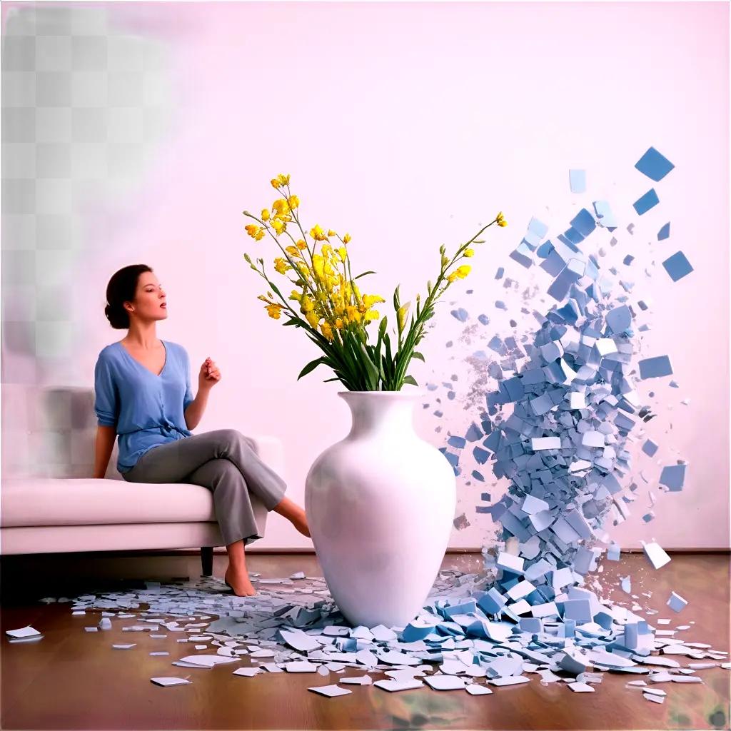 woman sits in a room with a white vase and broken papers