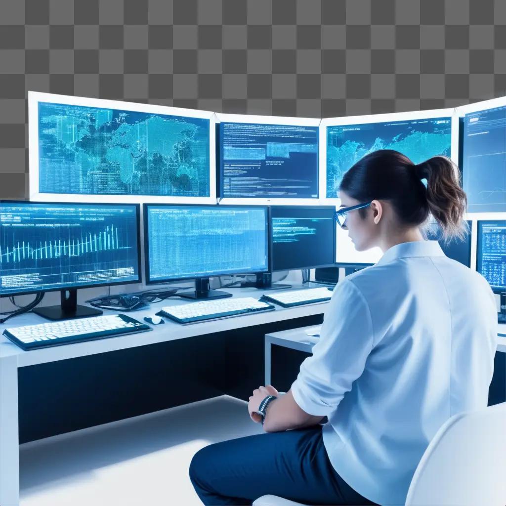 woman sits in front of a computer with multiple monitors