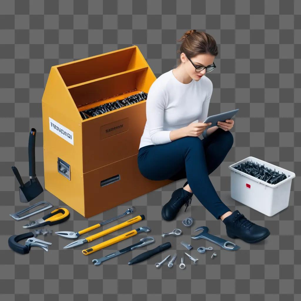 woman sits near a toolbox with various tools and a tablet