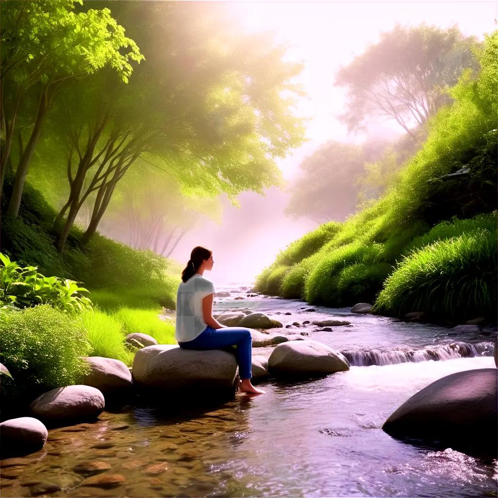 woman sits on rocks near a flowing stream