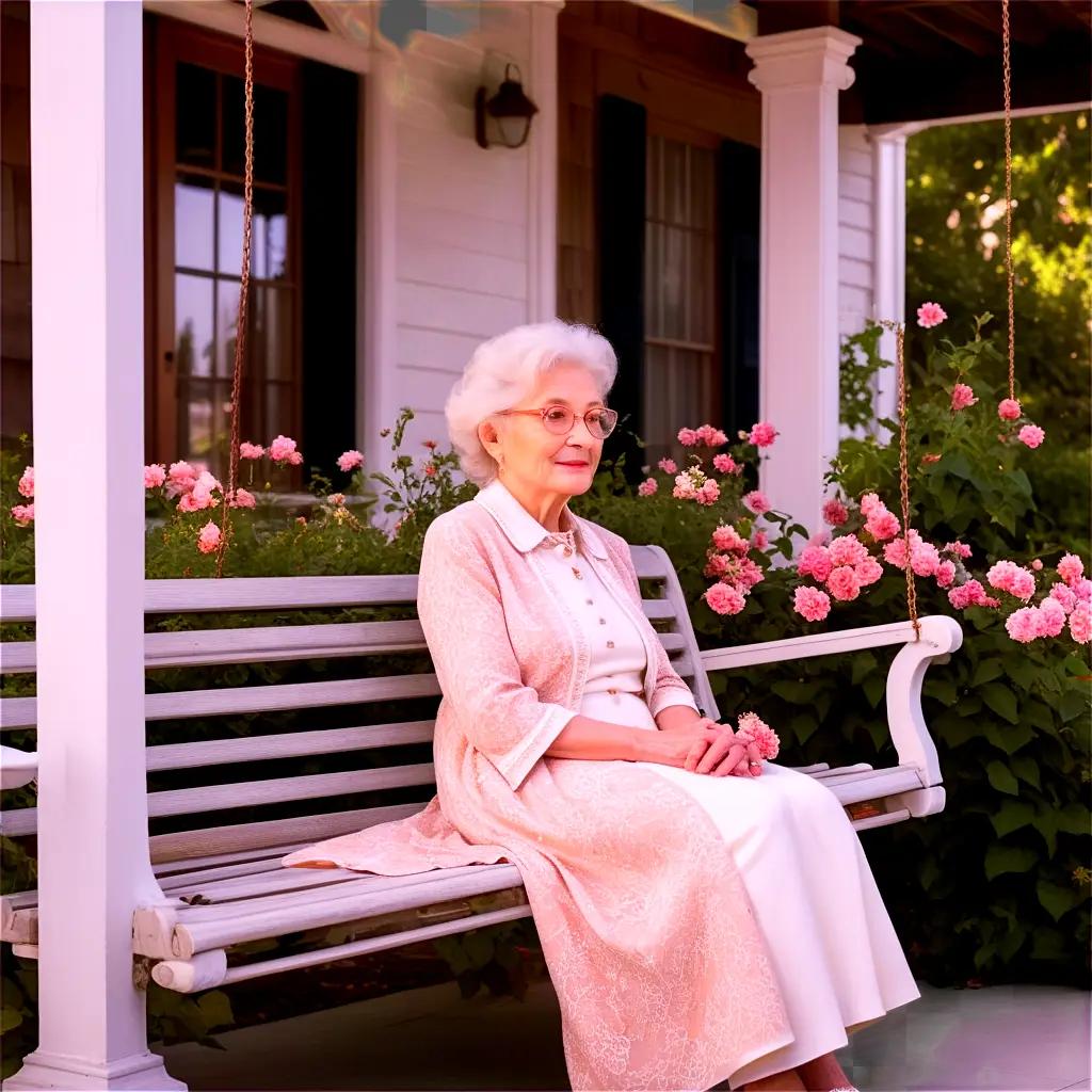 woman sitting on a porch swing in a pink dress