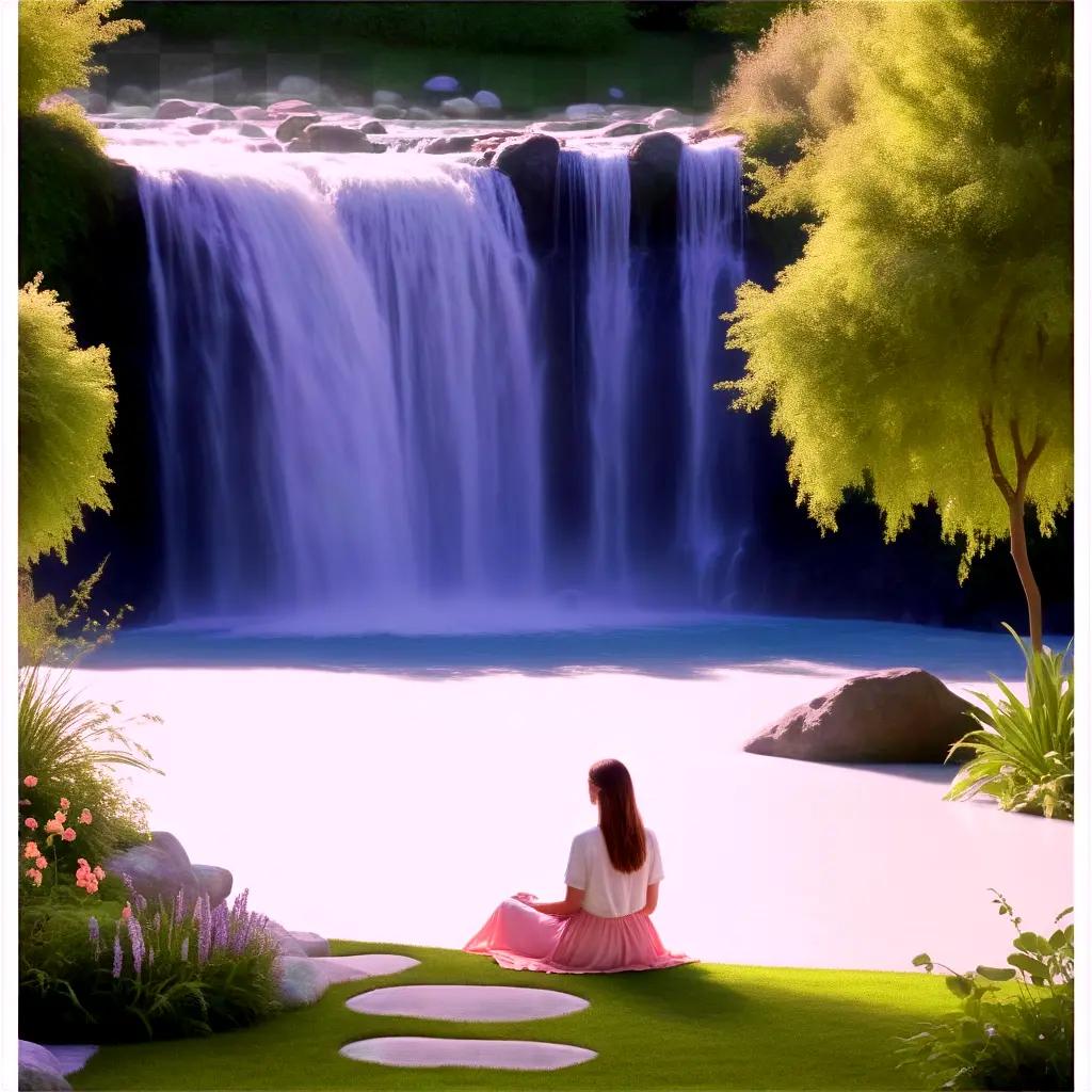 woman sitting on a rock near a waterfall