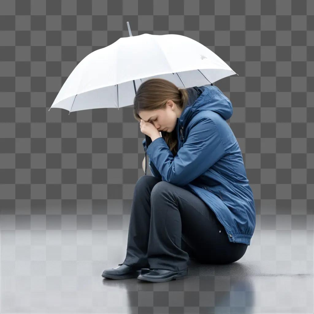 woman sitting under an umbrella while crying