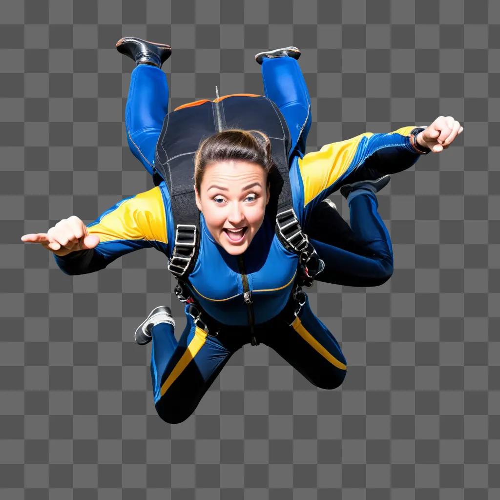 woman skydives and smiles for the camera