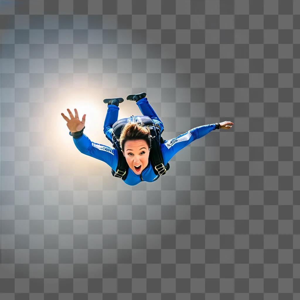 woman skydives in a blue outfit and a white helmet