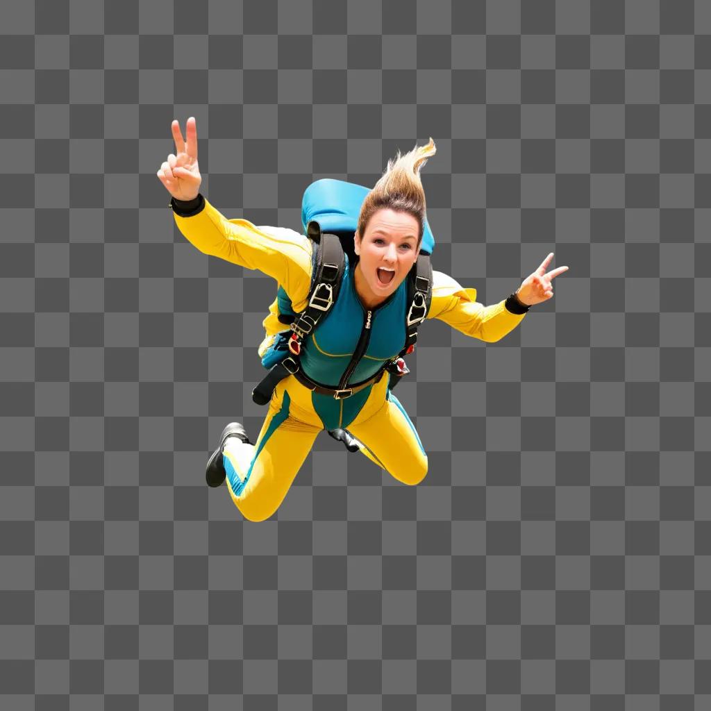 woman skydives while making a peace sign