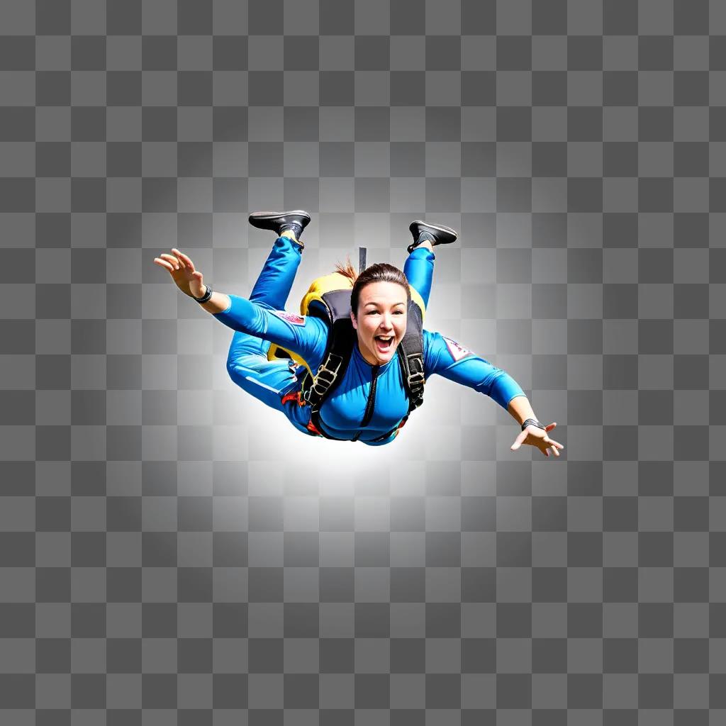 woman skydives while wearing a blue jumpsuit and carrying a yellow bag